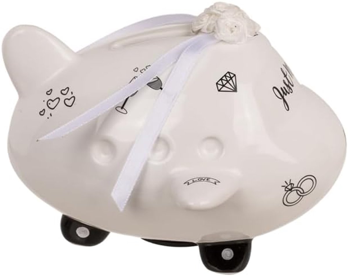 Vliegtuig bruiloft keramiek spaarpot Just Married met deksel