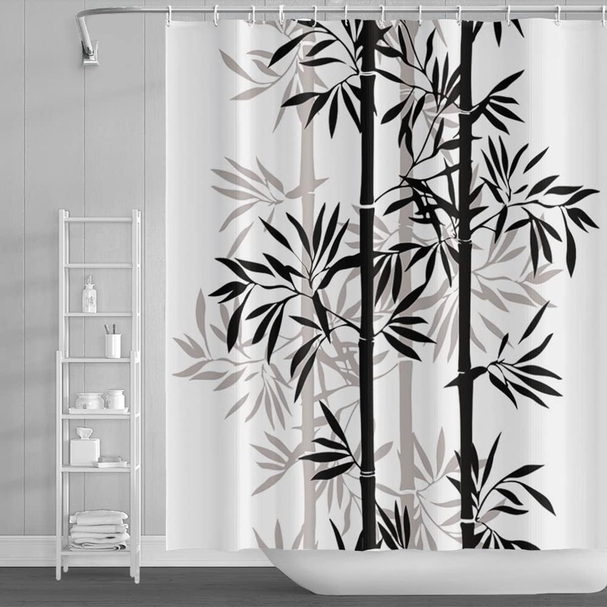Douchegordijn, zwart en wit, abstract patroon, klassiek Chinees schilderwerk, voor kinderen, polyester, waterdicht, met haken, 122 x 183 cm