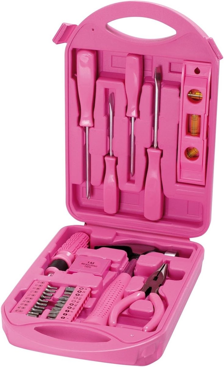 compacte gereedschapskoffer in roze met gereedschap in roze, compleet set voor vrouwen, alle onderdelen in roze