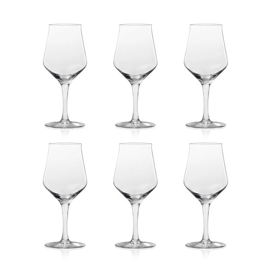 Set van zes lege, heldere, kelkvormige bierglazen.