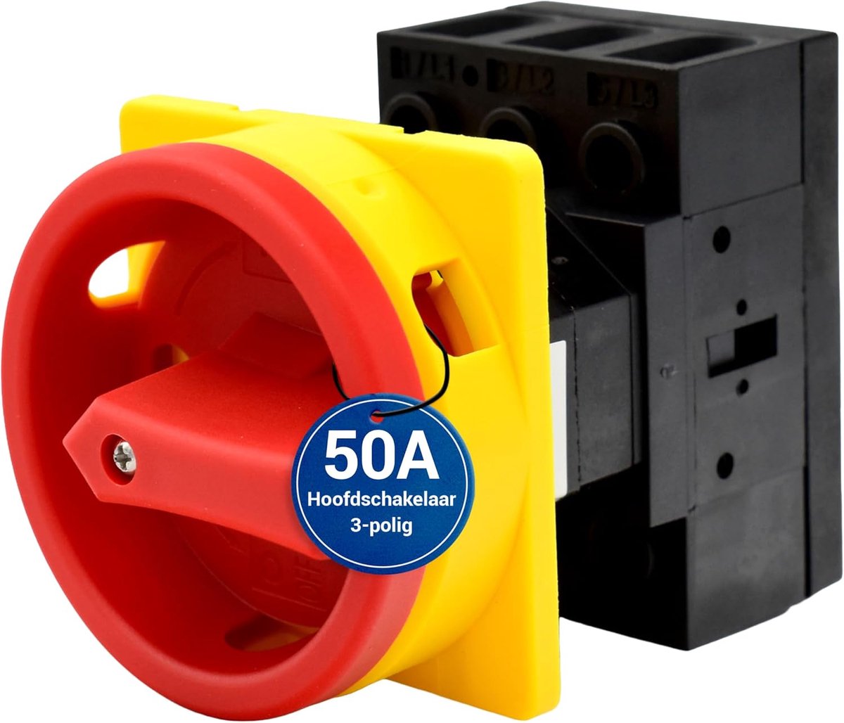 Hoofdschakelaar 50A, 3-polig – IP65 Lastscheider voor frontmontage met noodstopfunctie – Robuuste draaischakelaar voor veilige bediening van industriële machines 230V 400V