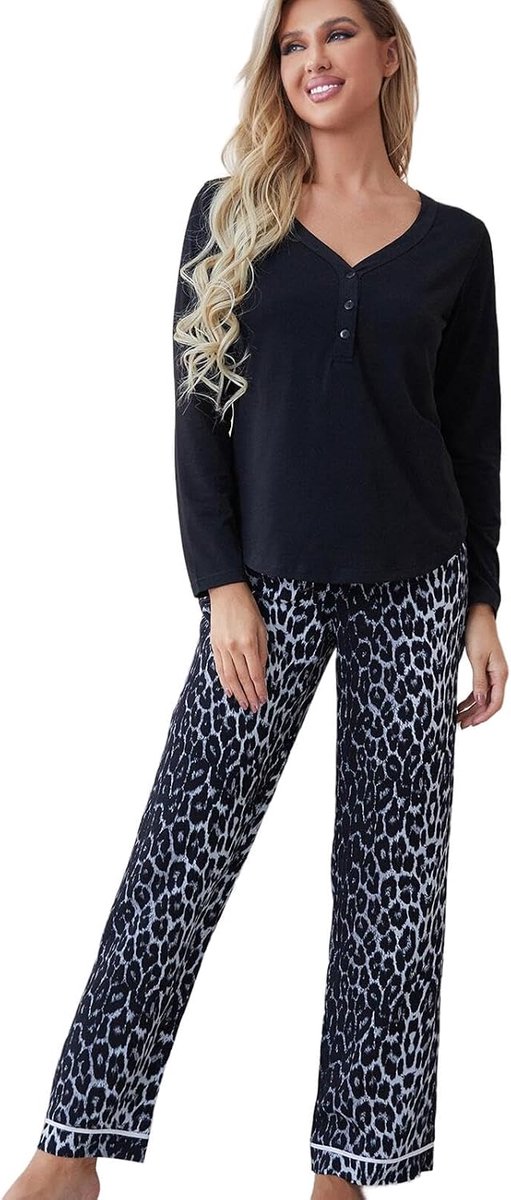 Pajama Set Women'S V-Neck Long Sleeve Pajamas, Fashionable Leopard Print Trousers, Autumn And Winter Pajamas Loungewear-A-S