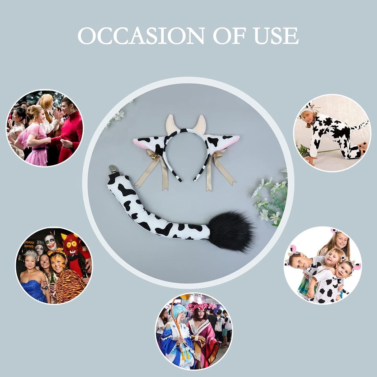 Complete Koe Kostuum Set - Oren en Hoorns Hoofdband met Belletjes, Koeienstaart - Dieren Cosplay Accessoires voor Halloween, Feestjes en Carnavalsvieringen