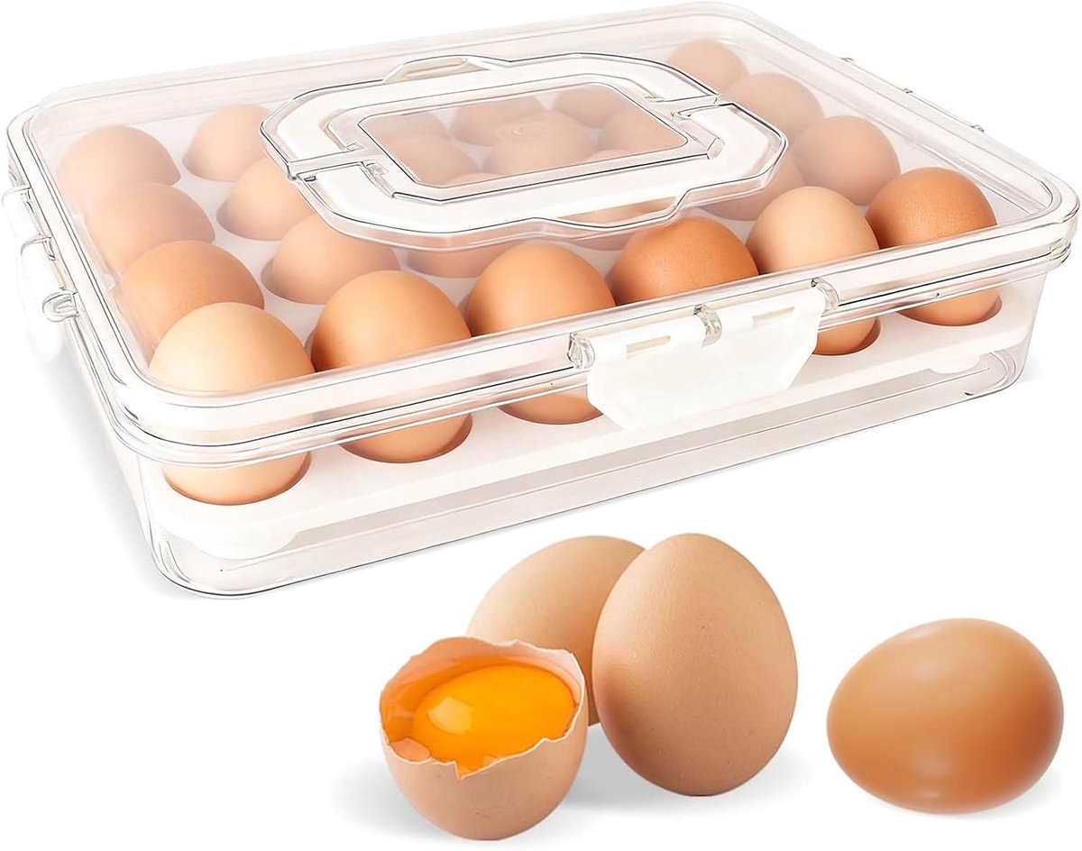Eierdoos, koelkastorganizer voor 24 eieren, voedselopslagcontainer, transparante opbergcontainer, lade en eierhouder, draagbare transportbox voor keuken (24)