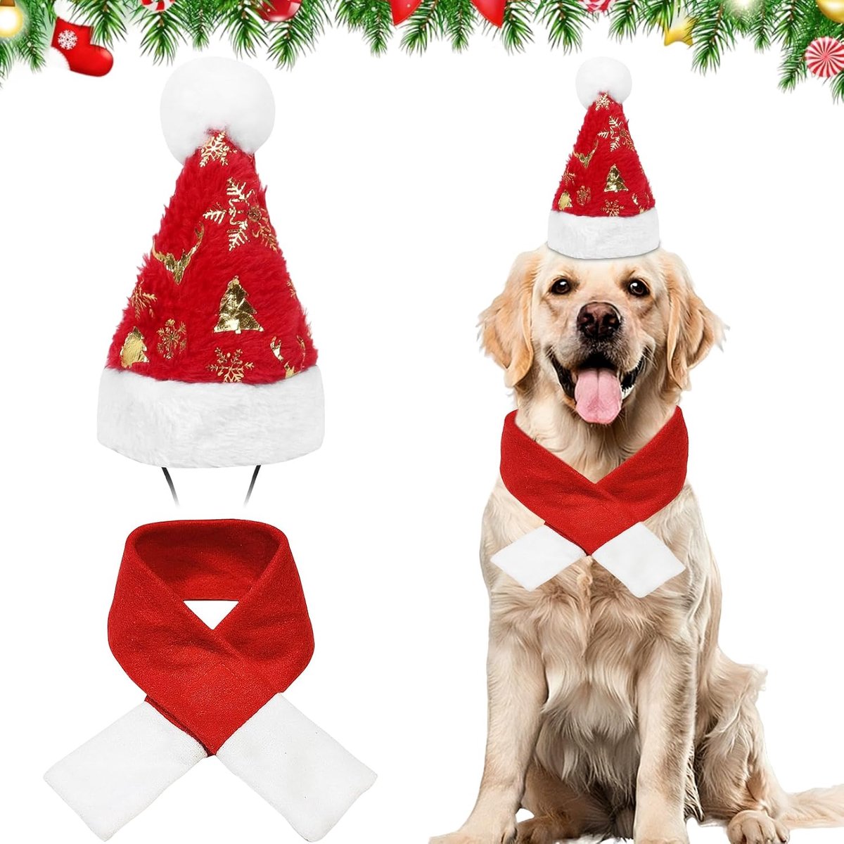 2 stuks honden kerstkostuum, kerstmuts hond katten, hondenhalsdoek, hondenkostuum Kerstmis, halsdoek hond, hondenmuts, hondenhalsdoek Kerstmis, kattenmuts voor klein en middelgroot hond katten