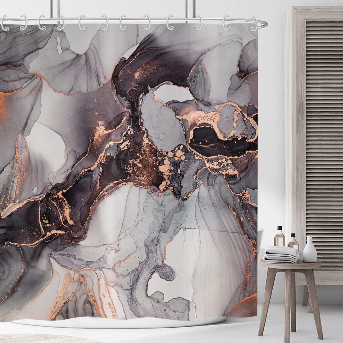 Douchegordijn marmer 180 x 200 cm, lichte luxe zwart grijs goud marmer textuur badkamer douchegordijnen wasbaar polyester textiel waterdicht douchegordijn voor badkuip met 12 douchegordijnen haken