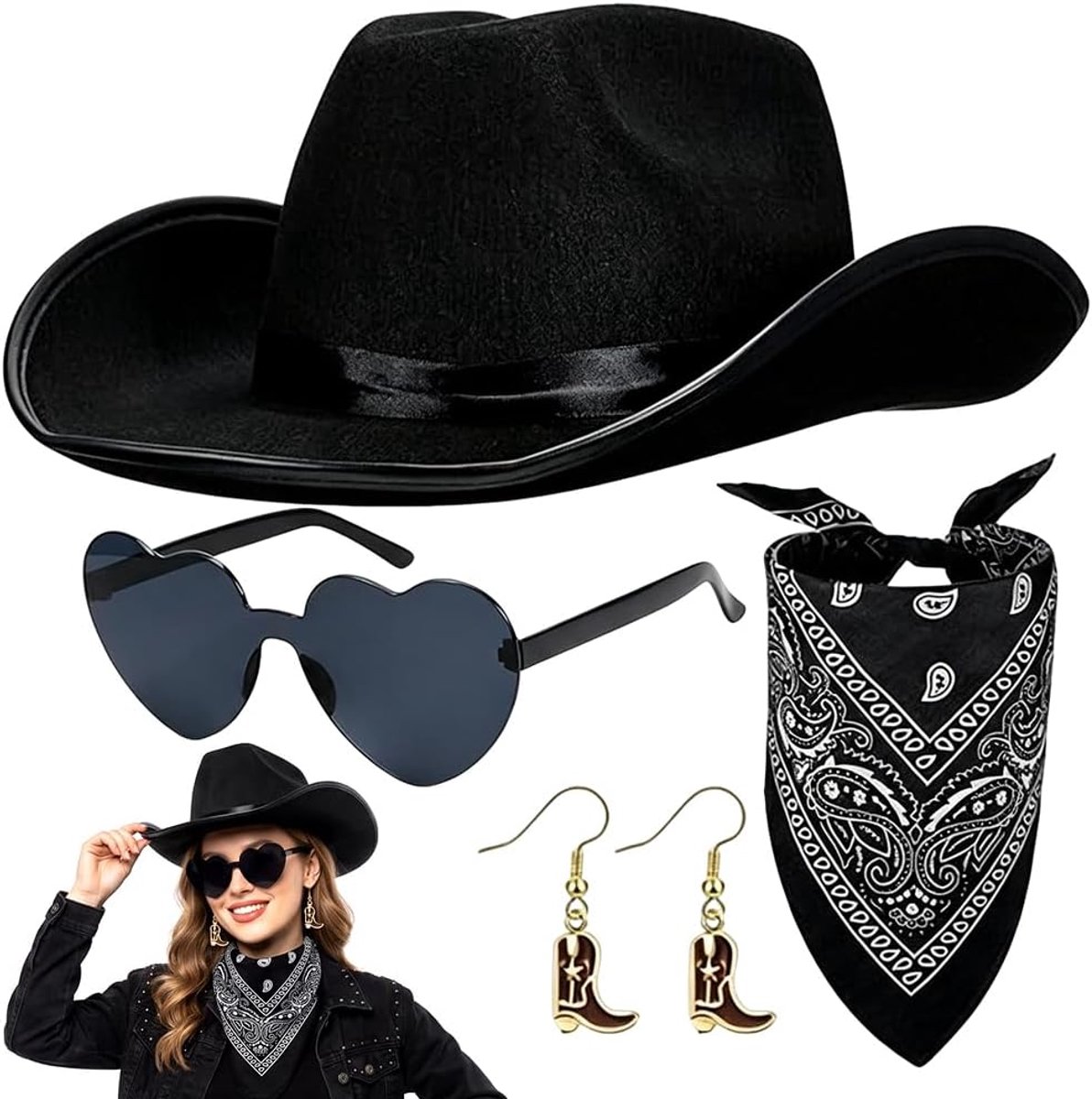Cowboyhoed voor dames, 4 stuks cowgirl-hoedenset met bandana, zonnebril, oorbellen, cowboyhoeden met brede rand, westerse cowgirlkostuum, accessoire, verkleedkostuum voor Halloween, carnaval