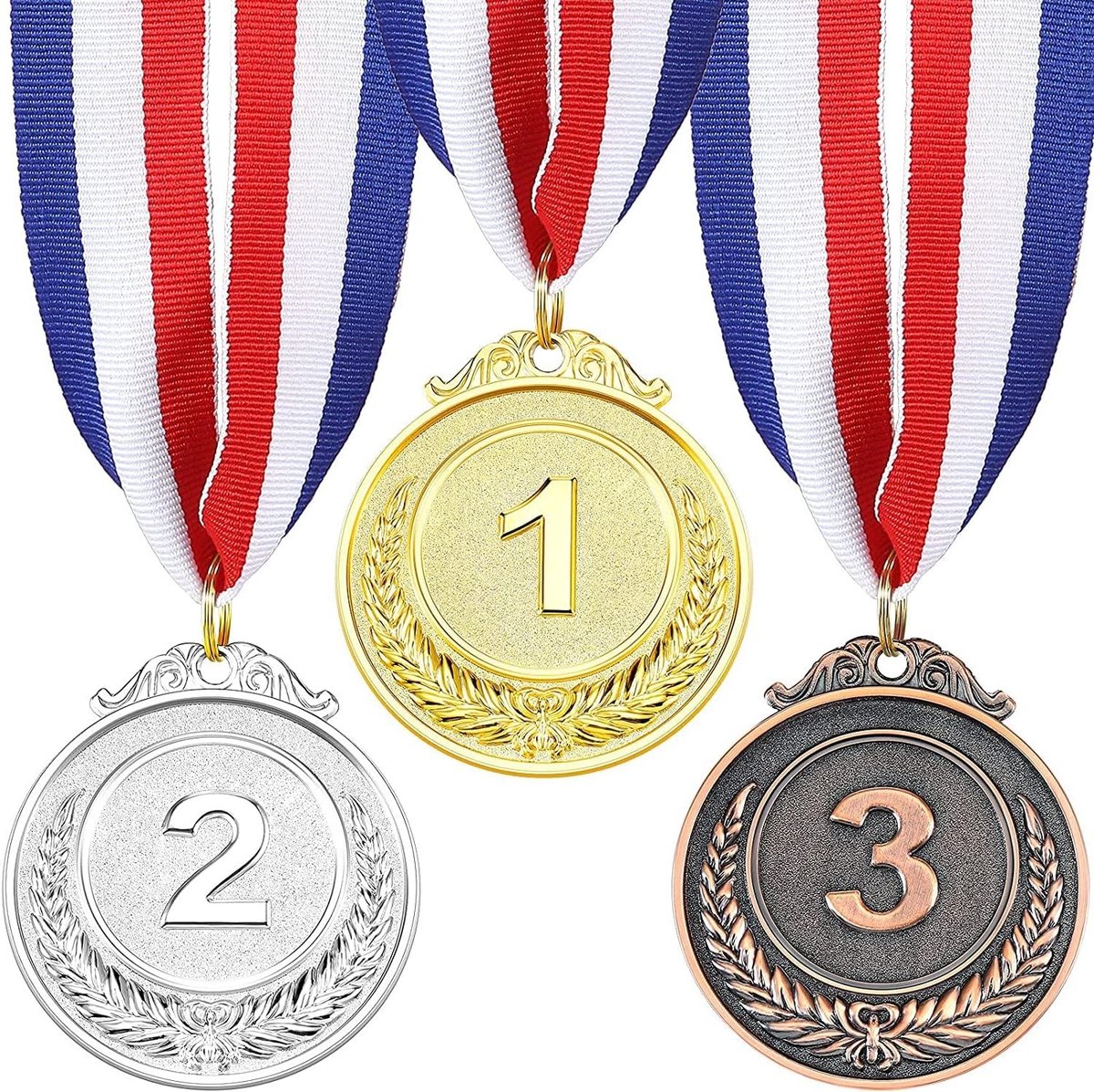 Medaille set in goud, zilver en brons met driekleurige band, 3 stuks voor sportprijzen en evenementen