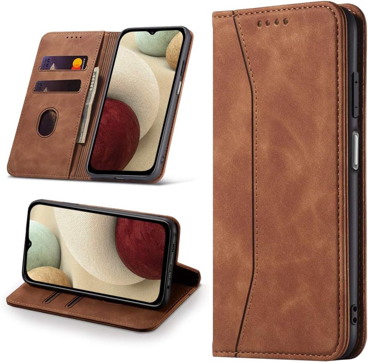 Hoesje voor Samsung Galaxy A12, [Premium PU-leerhoes] [klapdeksel] [kaarthouder] magnetische leer portefeuille Hoes Flip Case Telefoonhoesje voor Galaxy A12 - bruin