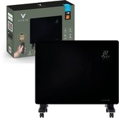 Zwarte glazen smart kachel op wieltjes, met app, afstandsbediening en digitaal display. Doos met informatie.