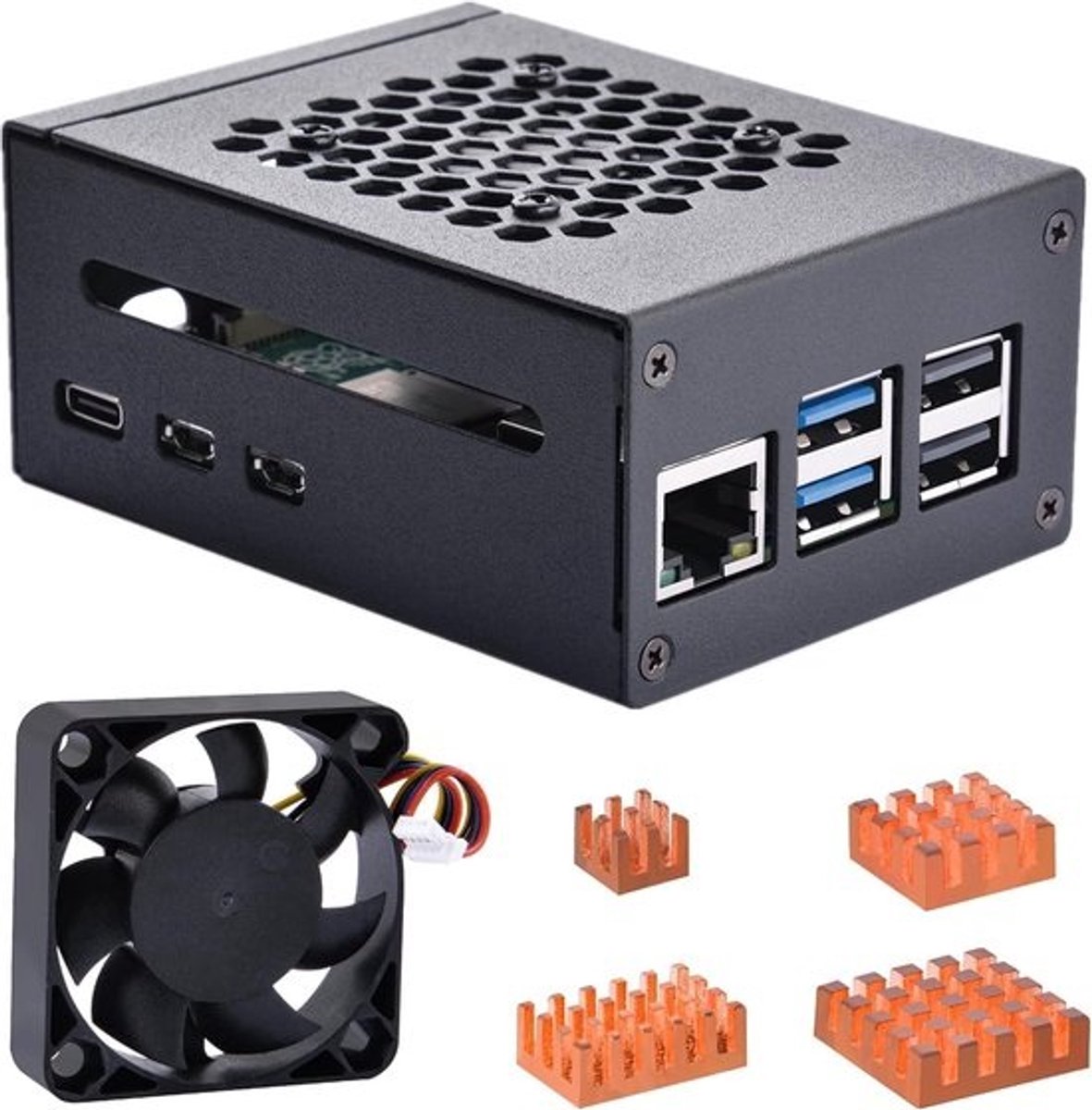 Metalen Behuizing met Ventilator en Koellichamen voor Raspberry Pi 5 met Ondersteuning voor M.2 NVMe SSD