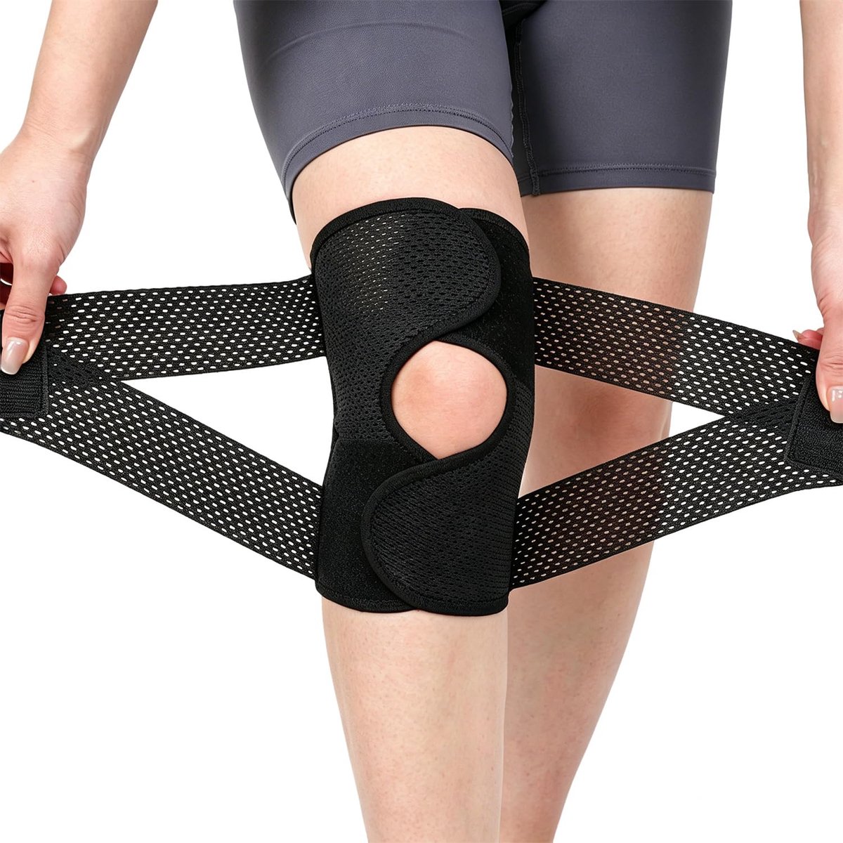 Kniebrace voor kniepijn met patella-gelkussen en zijstabilisatoren, ademende kniecompressiebandage voor meniscusscheuren, artrose, sport en pijnverlichting voor heren en dames (zwart, XL)