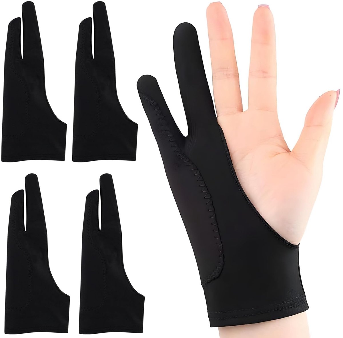 4 stuks tekenhandschoen voor tablet, tweevinger handschoen tekengerief met 3-laagse anti-aanraak technologie, touchscreen tekenhandschoen uniseks, handschoen voor grafische tablet en digitaal tekenen