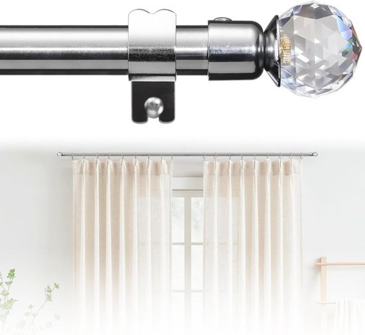 SnelShoppen - Luxe Gordijnstangen met Kristallen Einden 16mm, Verstelbaar van 76-224cm, RVS met Stevige Steunbeugels voor Klassieke en Victoriaanse In