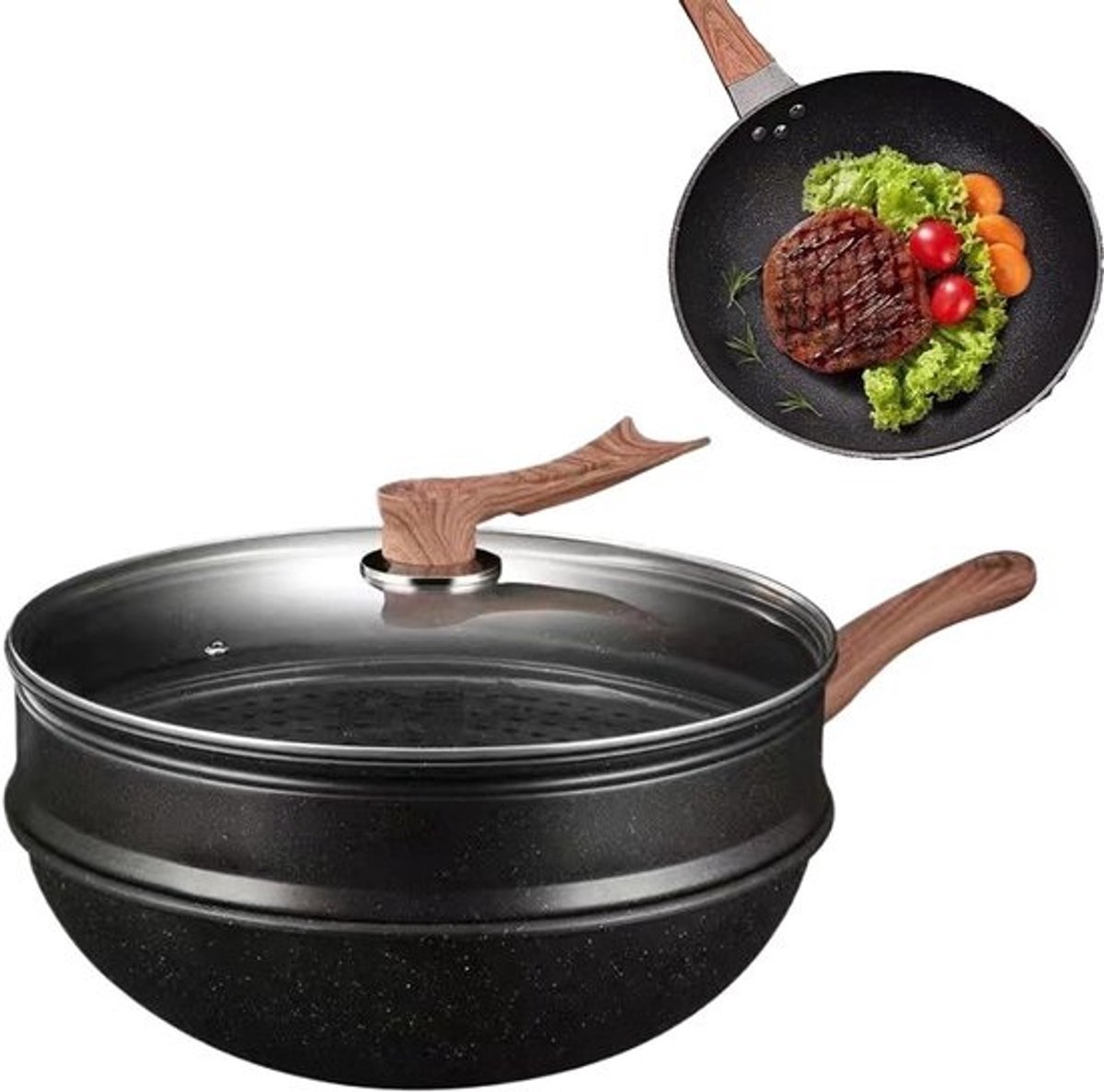 Wokpan - Roerbakpan - Aziatisch Koken - Inclusief Stoommandje - 32 Cm - Zwart
