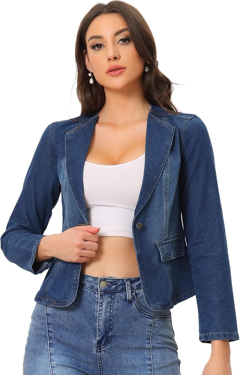 K Dames jeansjas lange mouwen reverskraag knoop denim blazer, donkerblauw, M
