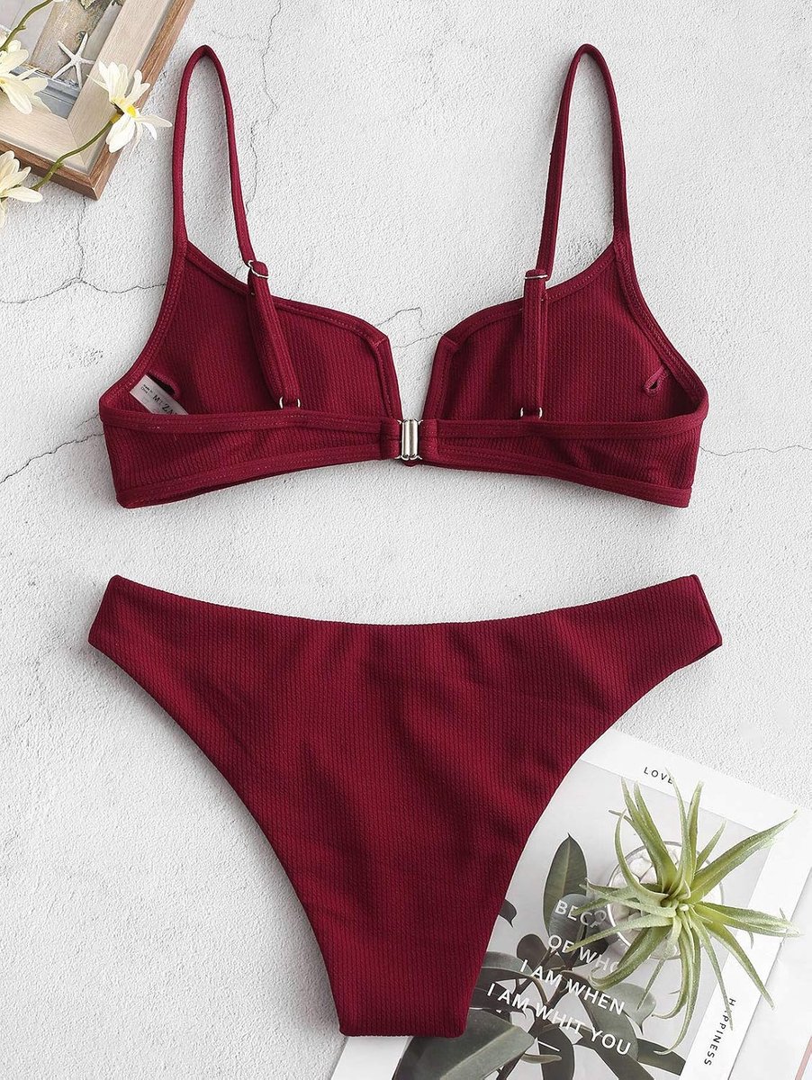 Bikiniset voor dames, V-hals, 2-delig, geribbelde stof, strik op de rug, één kleur