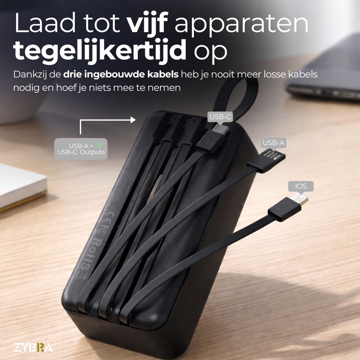 Zybra Powerbank 30000 mAh Snellader met Ingebouwde Kabels - afbeelding 3