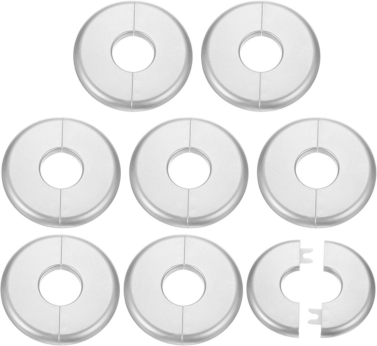 8 stuks wandverdelers 26,5 mm / 1 inch loodgieter afdekplaten zelfklevend van ABS-kunststof, rond, gespdesign, zilverkleurig