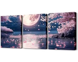 Homewish Canvas muurkunst met kersenbloesem, set van 3 stuks, Japanse stijl schilderij voor woonkamer, slaapkamer, traditionele maanposterprints, dromerige sterrenhemel schilderijen wanddecoratie