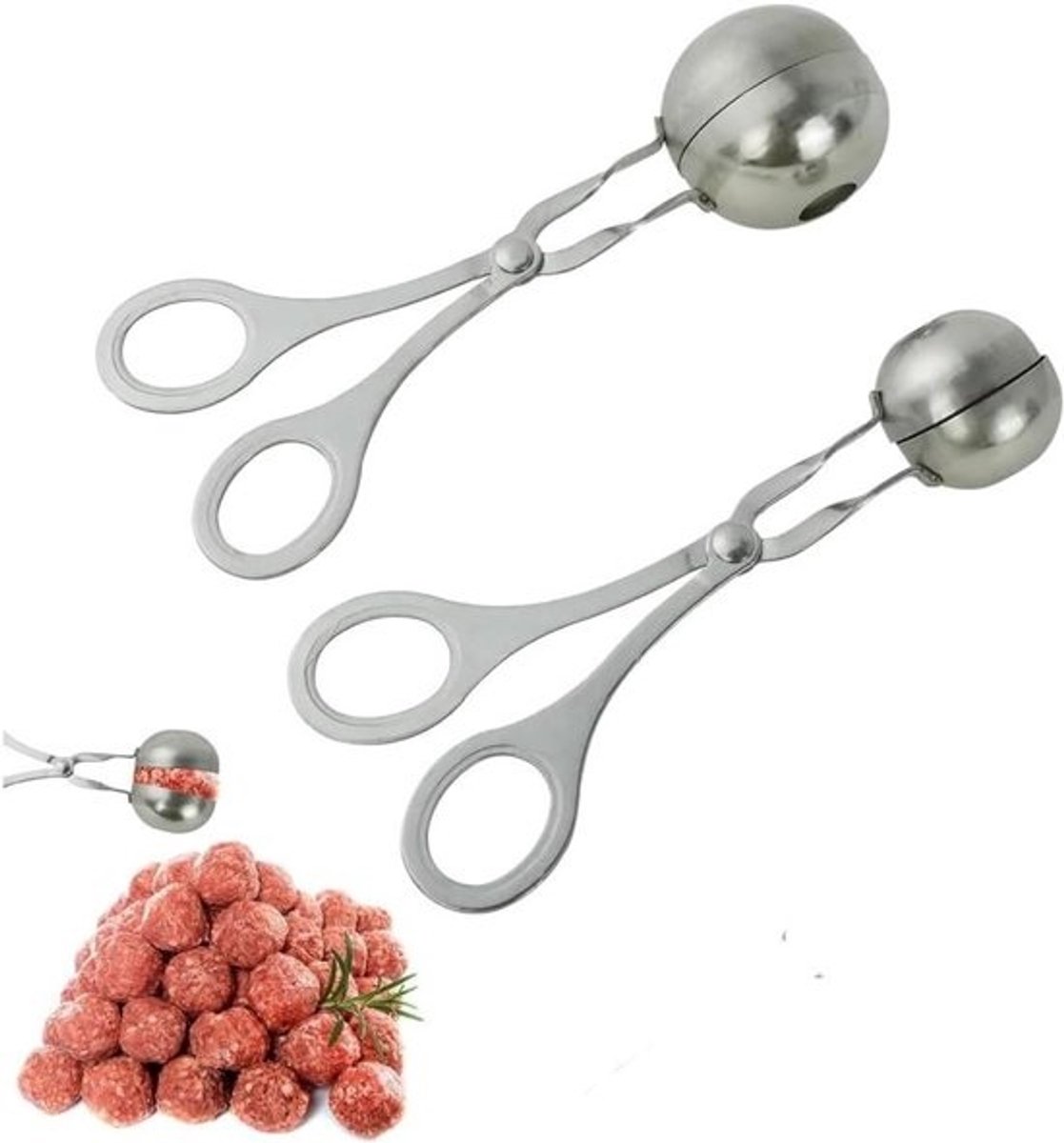 Gehaktbal Maker - Vleestang Set - Eten Bereiden - Roestvrij Staal - 2 Maten - Zilver