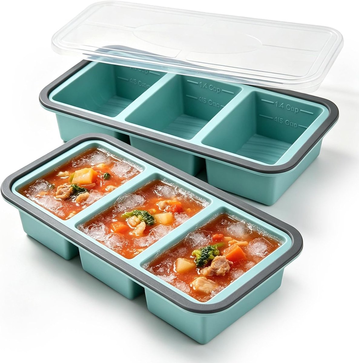 2 stuks siliconen vriesvormen, ijsblokjesvorm met deksel, meal prep & soep invriezen containers, BPA-vrij, stapelbare vriescontainers, siliconen ijsblokjesvorm voor soep, bouillon, saus, ijsblokjes (3