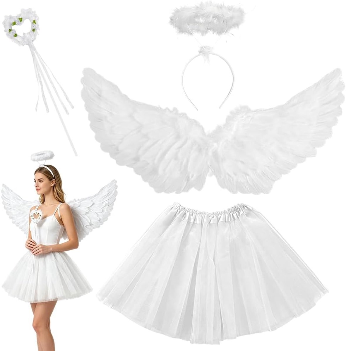 Kostuum, Halloween Kostuums Accessoire Sets met Engelenvleugels Tutu Rok Feeën Toverstaf Halo Duivel Vermomming Engelenvleugels Cosplay Kostuums Accessoires voor Halloween Feest Carnaval