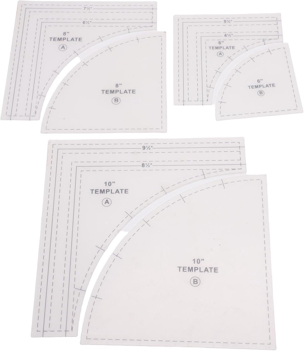 Dailygoods- Quiltsjablonen Boogvormige Linialen - 3 Sets 10/8/6 Inch - Naadtoeslag 1/4 Inch - Knutselgereedschap - Efficiënt Ontwerp - Snijliniaal