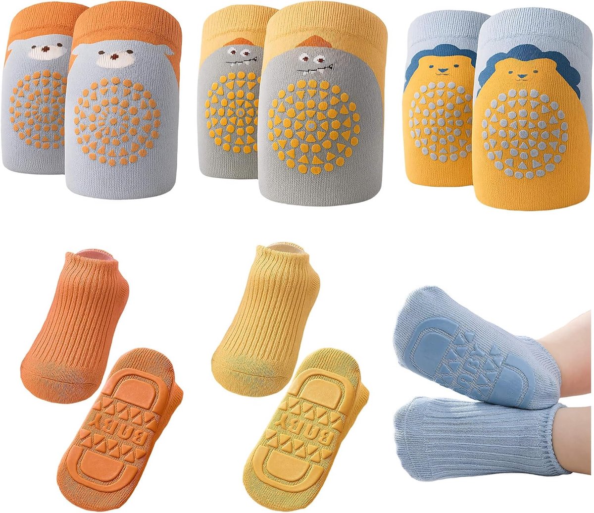 Dailygoods- Kniebeschermers Baby - 3 Paar - Kruipsokken - Geschikt voor 0-1 Jaar - Vrolijke Kleuren - Leeuwen/Dino Patroon