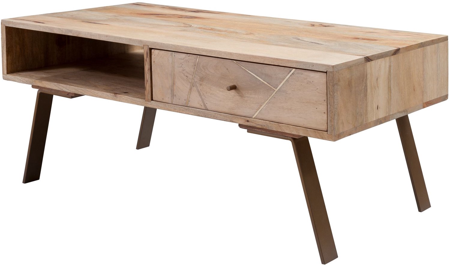Cosmo Casa Salontafel met Lade en Open Vak – Massief Mangohout – Metalen Poten – Landelijk – Bruin/Goudbruin – 95 x 50 x 42 cm Lichtbruin