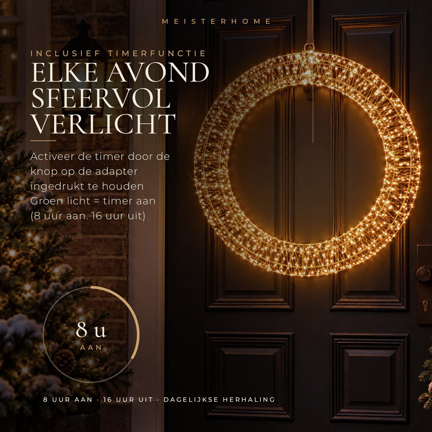 Meisterhome® LED 3D Lichtkrans Ø 70 cm – 1140 LEDs – Extra Warm Wit – Grote Verlichte Kerstkrans – Deurkrans met LED – Kerstverlichting Buiten & Binnen – Timer & Dimmer – IP44 – foto 3