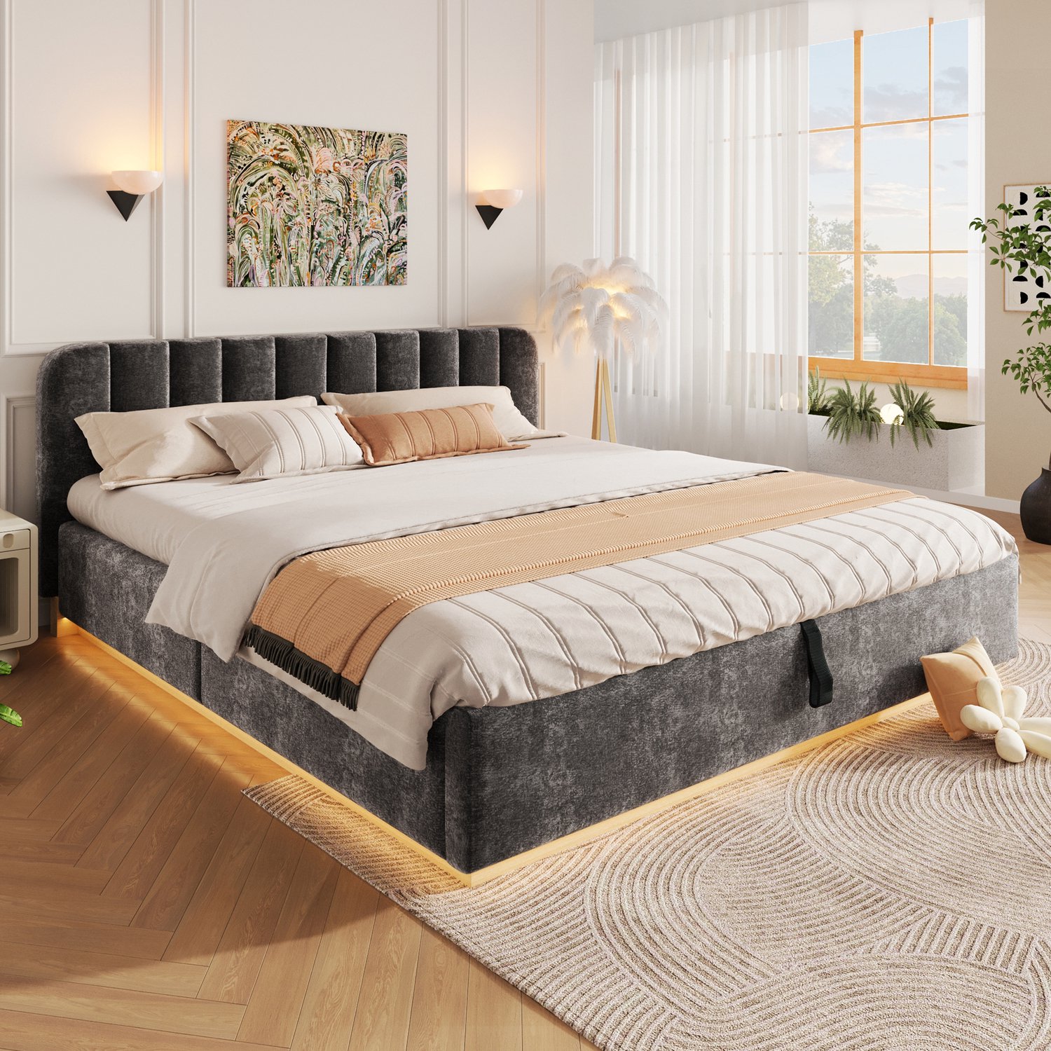 STILVORA Bed 180 x 200 cm – Gestoffeerd Tweepersoonsbed met Lattenbodem – Hydraulische Opbergruimte en Ledlicht – Zonder Matras – Antraciet
