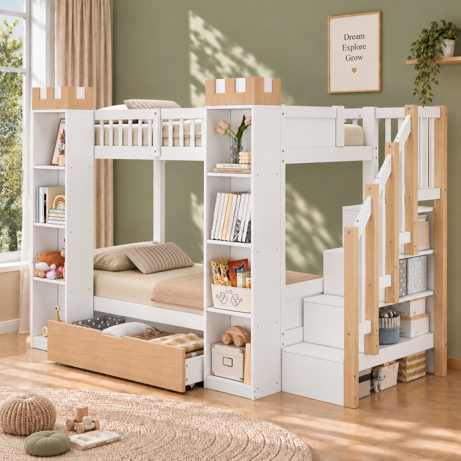 OKWISH Stapelbed 90x200 cm - Kinderbed in Kasteelvorm met Uitvalbeveiliging - Opbergtrap en Lades - Hout en MDF - Wit en Naturel - Zonder matras
