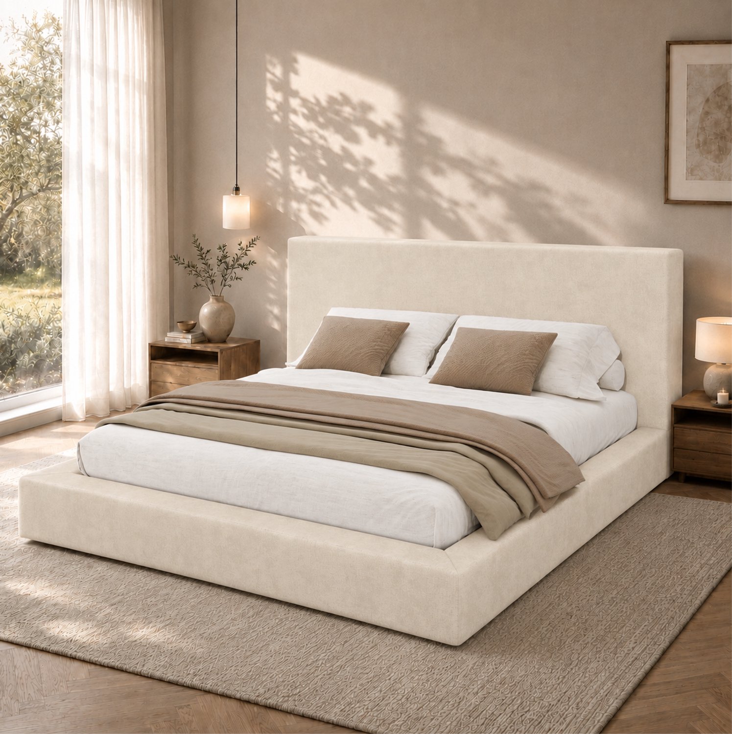 OKWISH Gestoffeerd Bed 180 x 200 cm - Tweepersoonsbed met Lattenbodem - Hydraulische Opbergruimte - Chenille - Zonder matras - Beige
