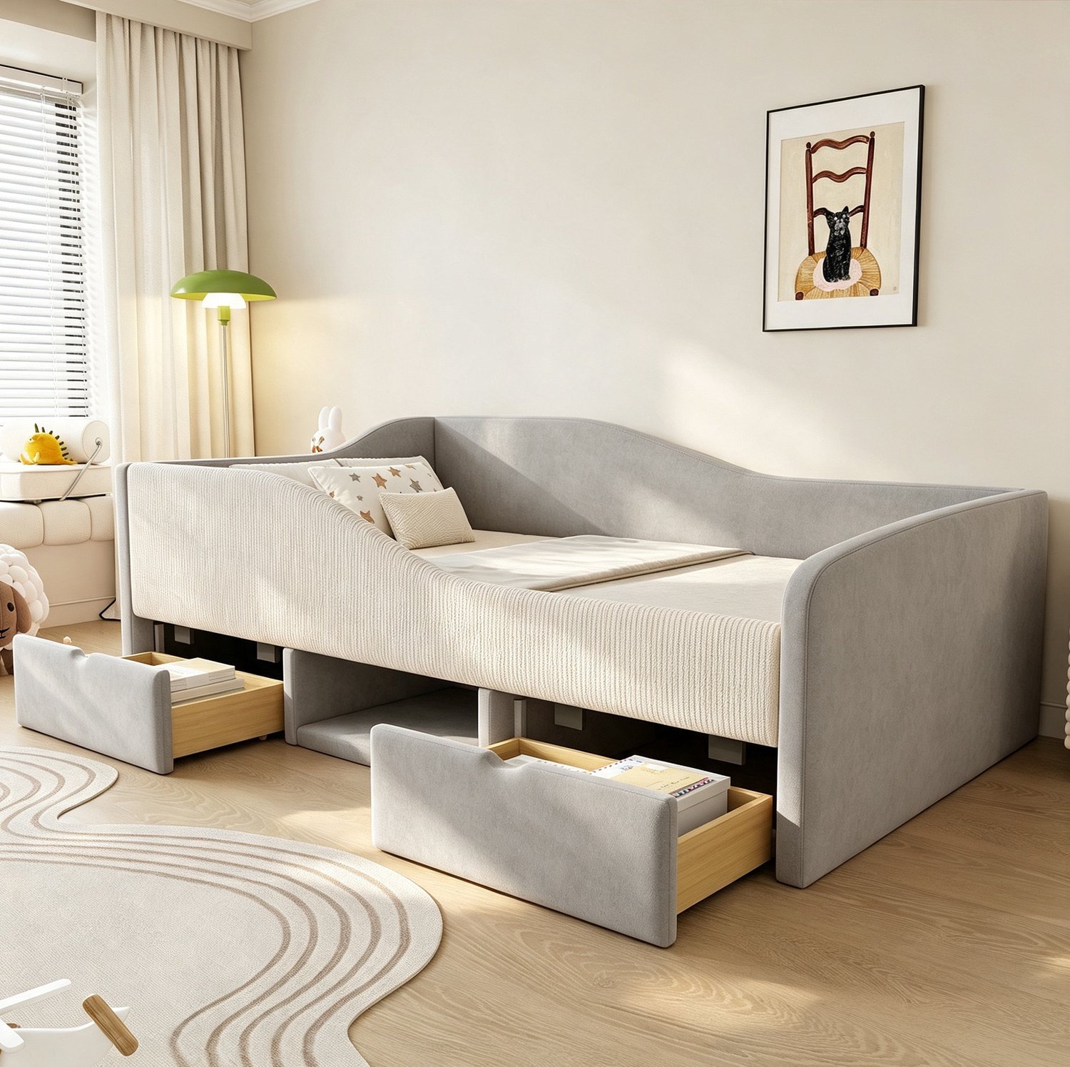 Wishdor Kinderbed 90x190 cm - Zachte fluwelen bekleding en gevoerde uitvalbeveiliging - Twee lades, open opbergruimte en schoenenvak - Lattenbodem - Kinderkamer - Grijs