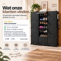 Zwarte schoenenkast met 5-sterren beoordeling en tekst over tevreden klanten en opbergruimte.