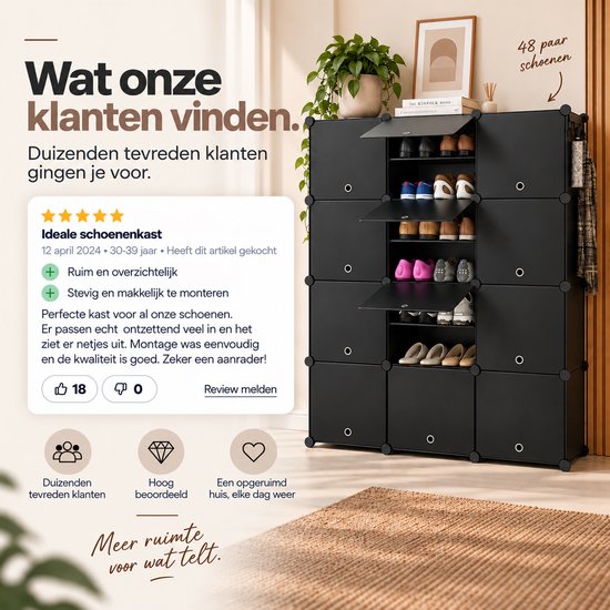 Zwarte schoenenkast met 5-sterren beoordeling en tekst over tevreden klanten en opbergruimte.