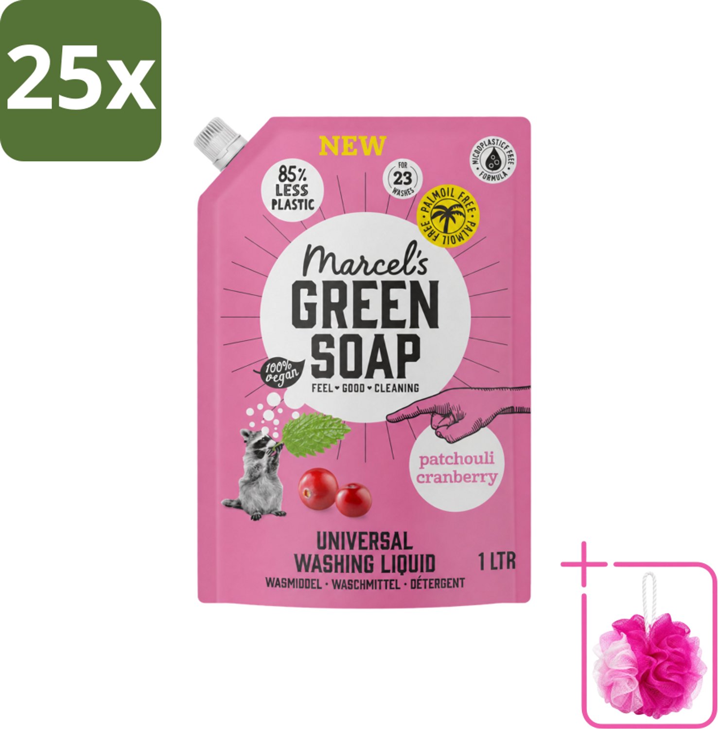 25 x Marcel's Green Soap - Vloeibaar Wasmiddel - Universeel - Navulling - Patchouli & Cranberry - Effectief & natuurlijk - 23 Wasbeurten - 1 liter - Bulkverpakking - Wasmiddel - Douchemop - Natuurlijk wasmiddel
