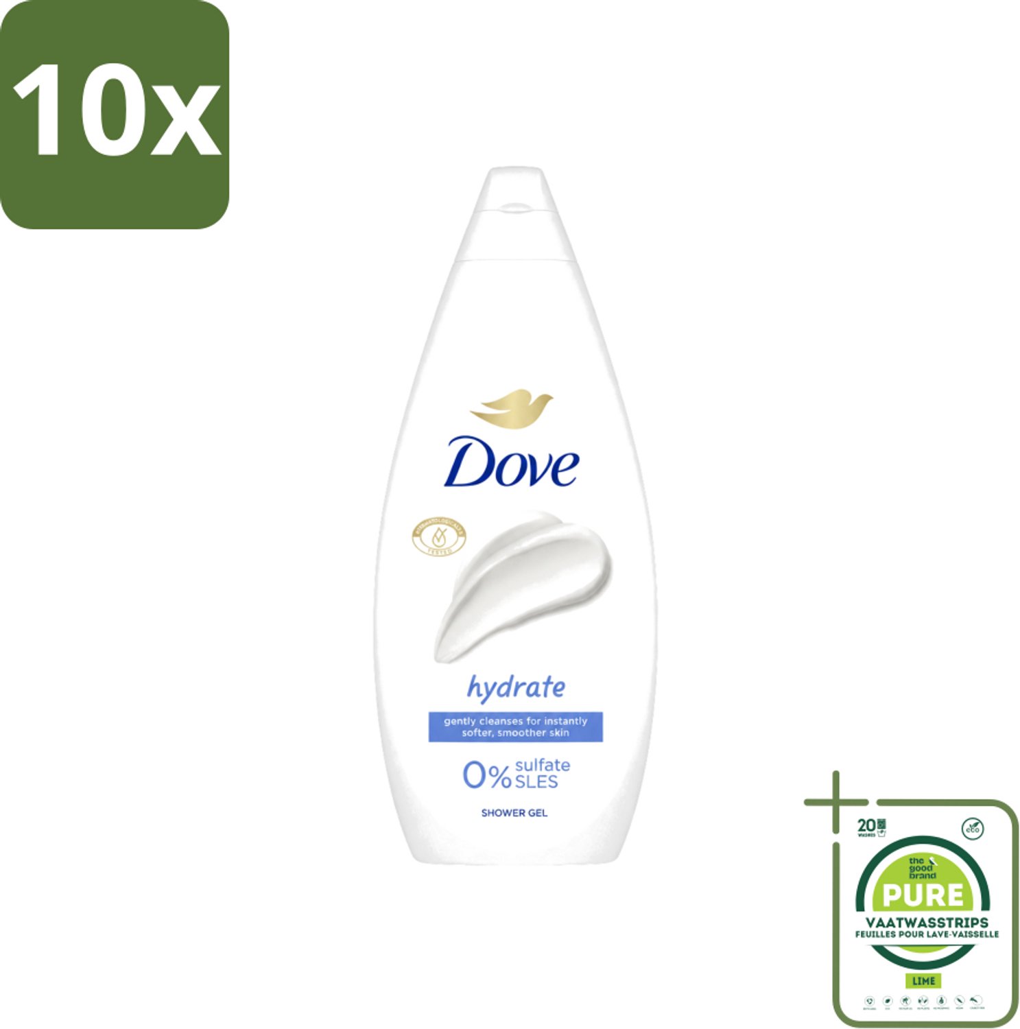 10 x Dove Douchecrème - Hydrate - 720 ml - Grootverpakking - Vaatwasstrips - Hydratatie - Droge Huid - Reinigingsgel - Milde Reiniging - Microbioomvriendelijk