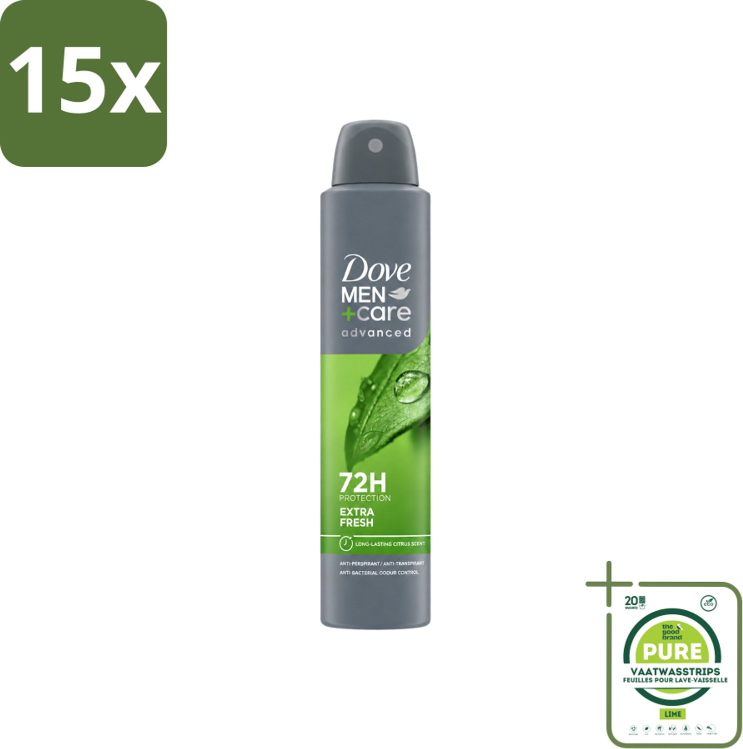 15 x Dove Men+Care Deodorant Spray - Extra Fresh - 200 ml - Grootverpakking - Vaatwasstrips - Deodorant Spray - Zweetvermindering - Frisheid - Huidbescherming - Mannelijke Geur