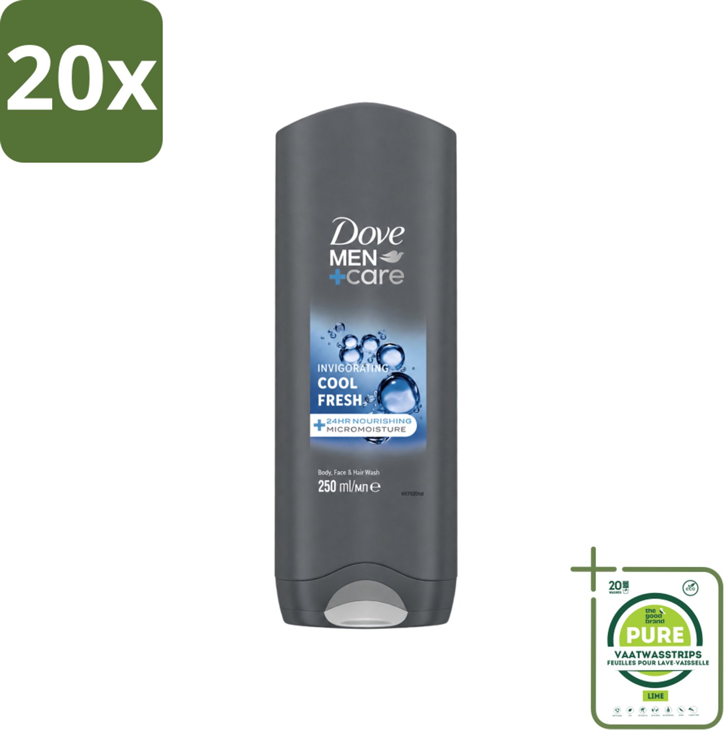 20 x Dove Men+Care Douchegel - Cool Fresh - 250 ml - Grootverpakking - Vaatwasstrips - Douchegel Voor Mannen - Hydraterende Douchegel - Verfrissende Douchegel - Douchegel Voor Gezicht - Douchegel Voor Lichaam
