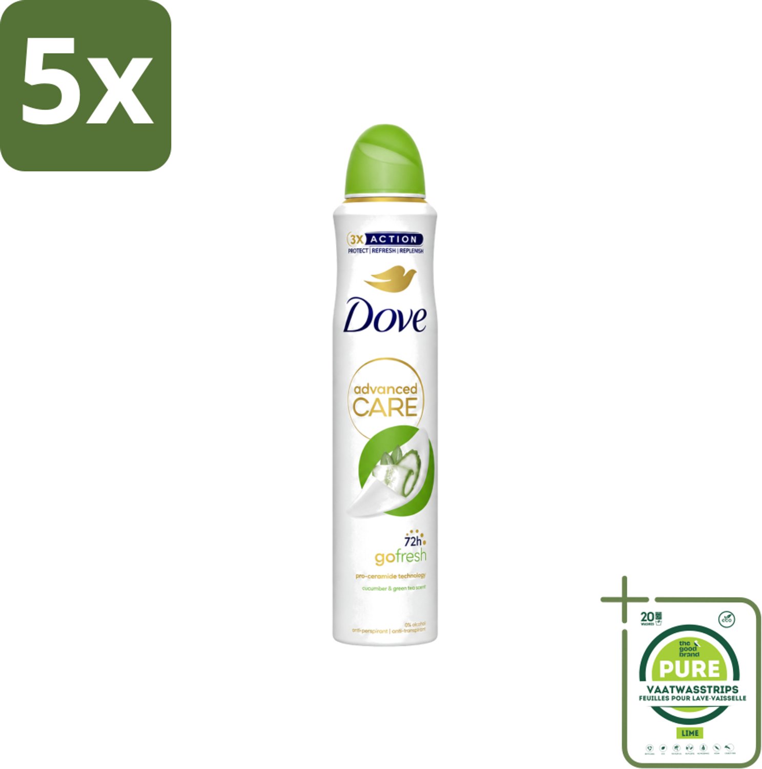 5 x Dove Deodorant Spray - Komkommer & Groene Thee - 200 ml - Grootverpakking - Vaatwasstrips - Dove Deodorant Spray - Anti-transpirant - Okselverzorging - Zweetvermindering - Geurvermindering