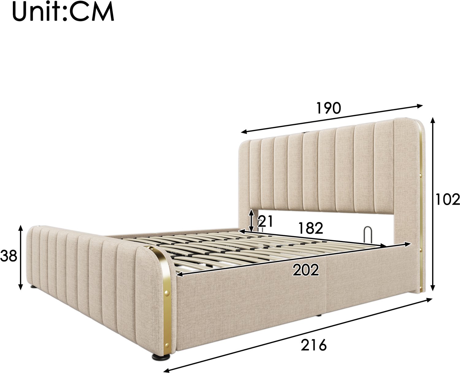 WUVRIE Gestoffeerd tweepersoonsbed 180x200 cm - Hydraulische opbergruimte, matras en USB-C - Beige