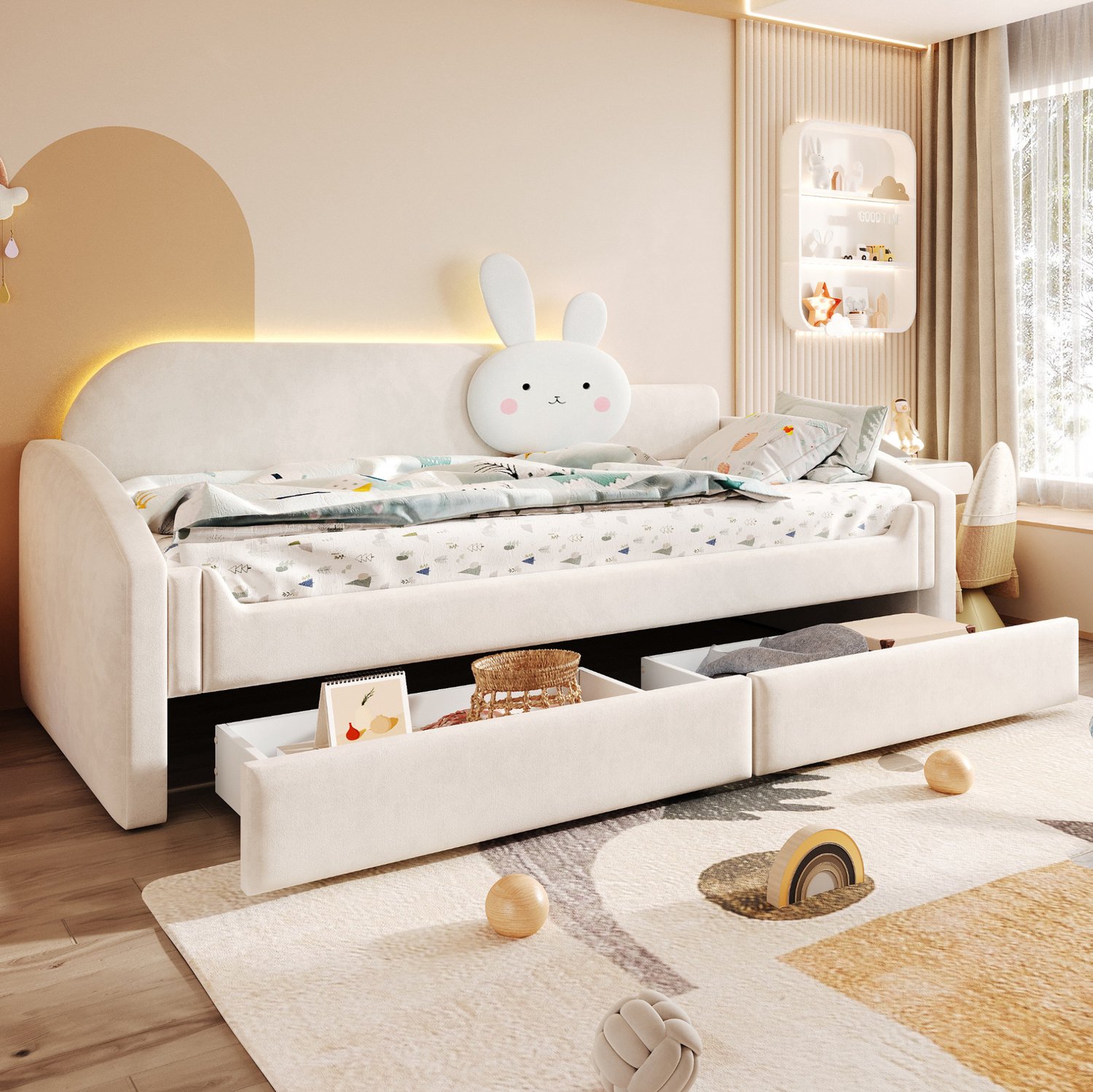 Wishdor Kinderbed 90x200 cm - Slaapbank met twee opberglades - LED-verlichting en konijnenkussen - Gestoffeerde rugleuning met armleuningen - Kinderkamer en logeerkamer - Beige fluweel en MDF