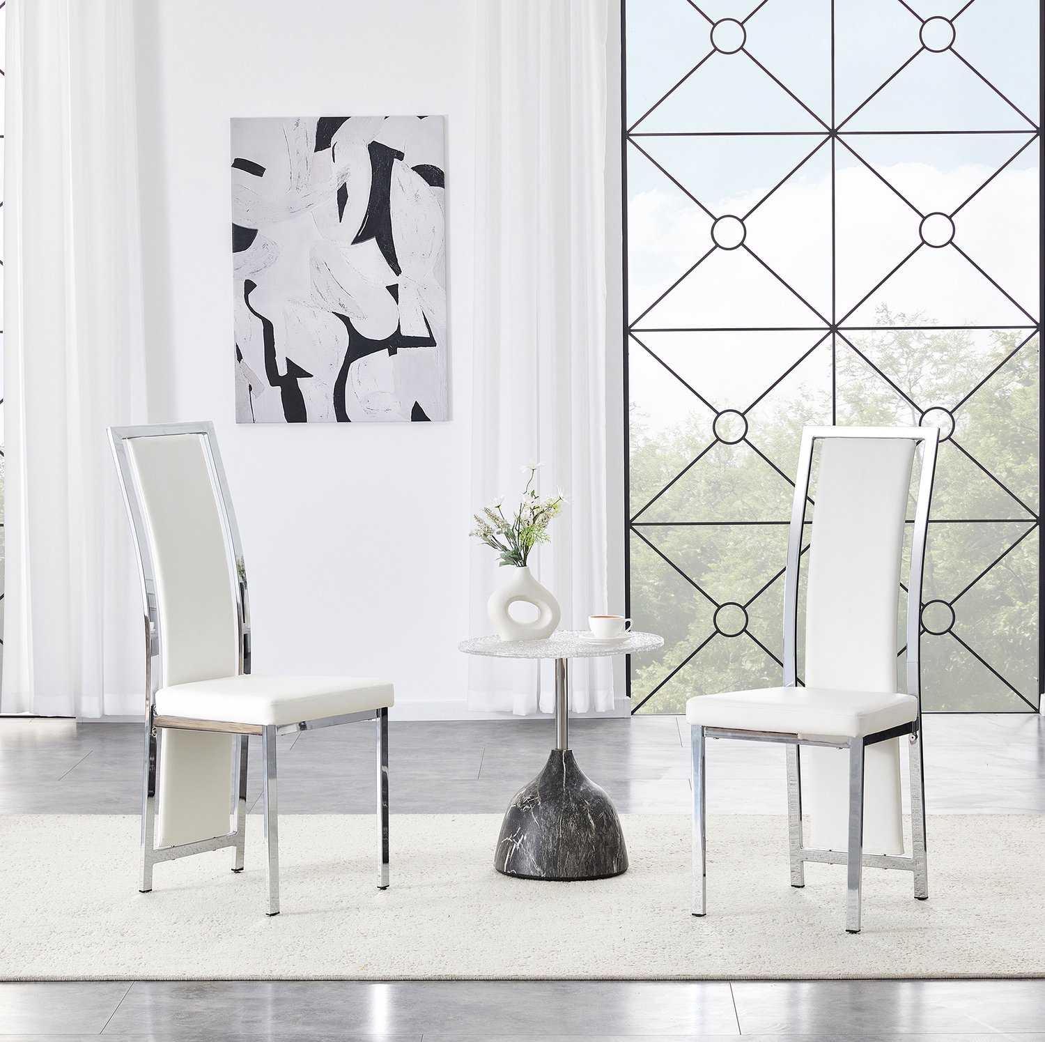 CHICFURN Eetkamerstoelen set van 2 - Hoge rugleuning - Metalen frame - Wit en zilver