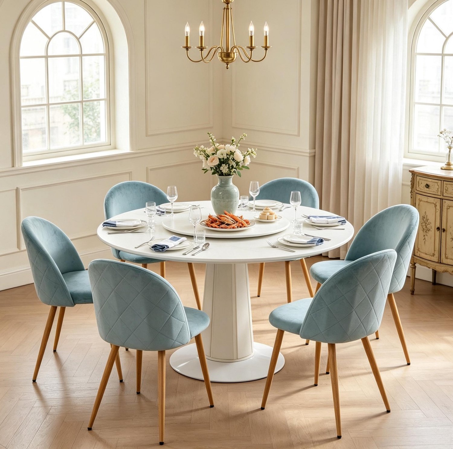 MIVRAY Eetkamerstoelen Set van 6 - Gebogen Rugleuning - Fluweel Metaal - Blauwgroen Teal