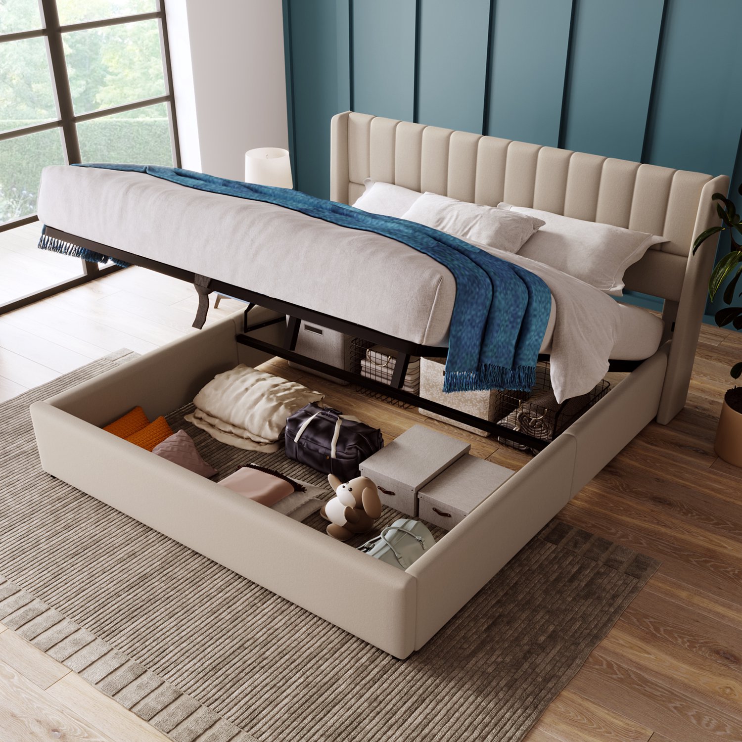 Sweiko Tweepersoonsbed - 140 x 200 cm - Opbergruimte - Gestoffeerd hoofdeinde - Metalen frame - Linnen - Beige