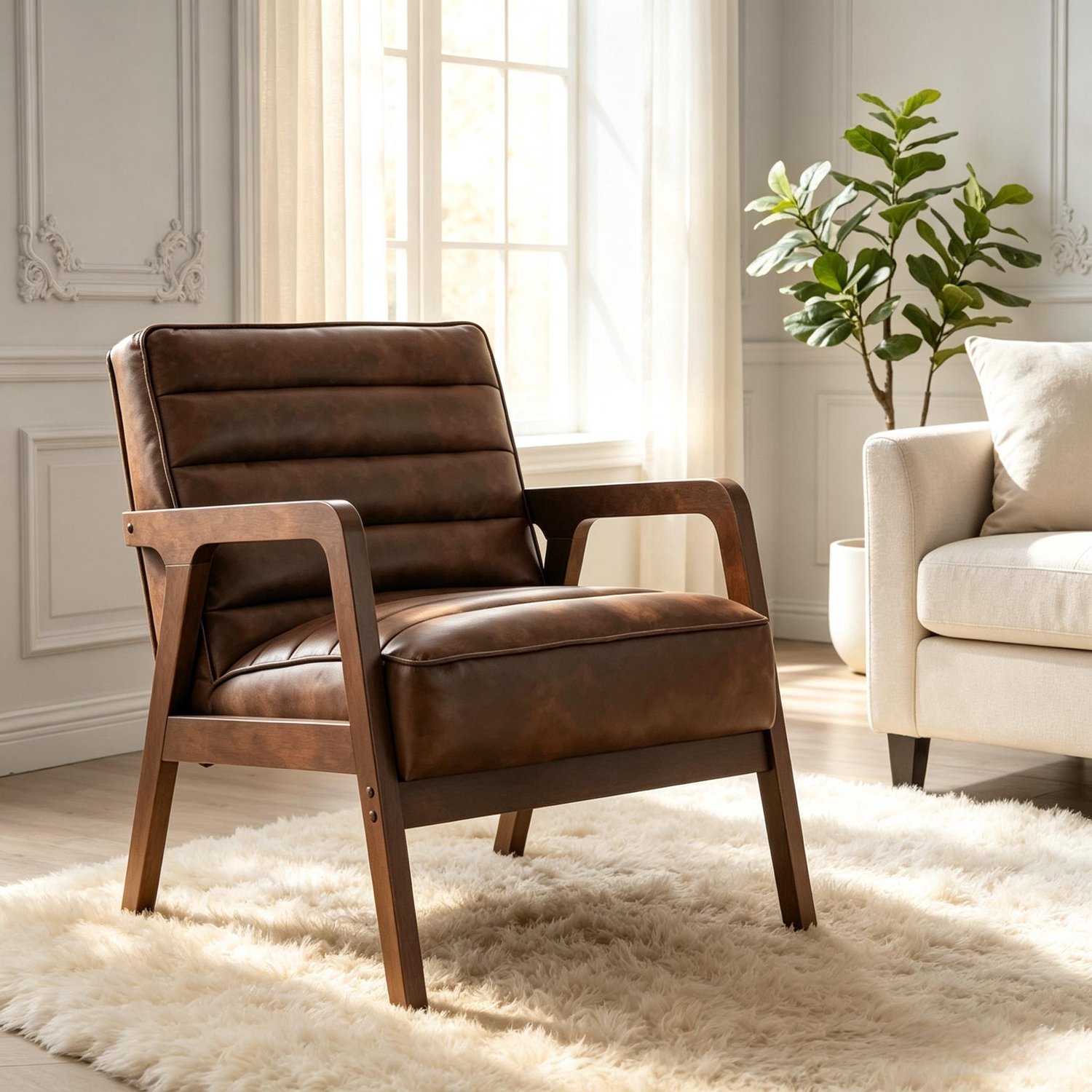 MIVRAY Fauteuil 64 Bij 86 Bij 79 cm - Grote Zitting Met Schuine Rugleuning - Voor Woonkamer En Leeshoek - Houten Frame En Kunstleer Bruin