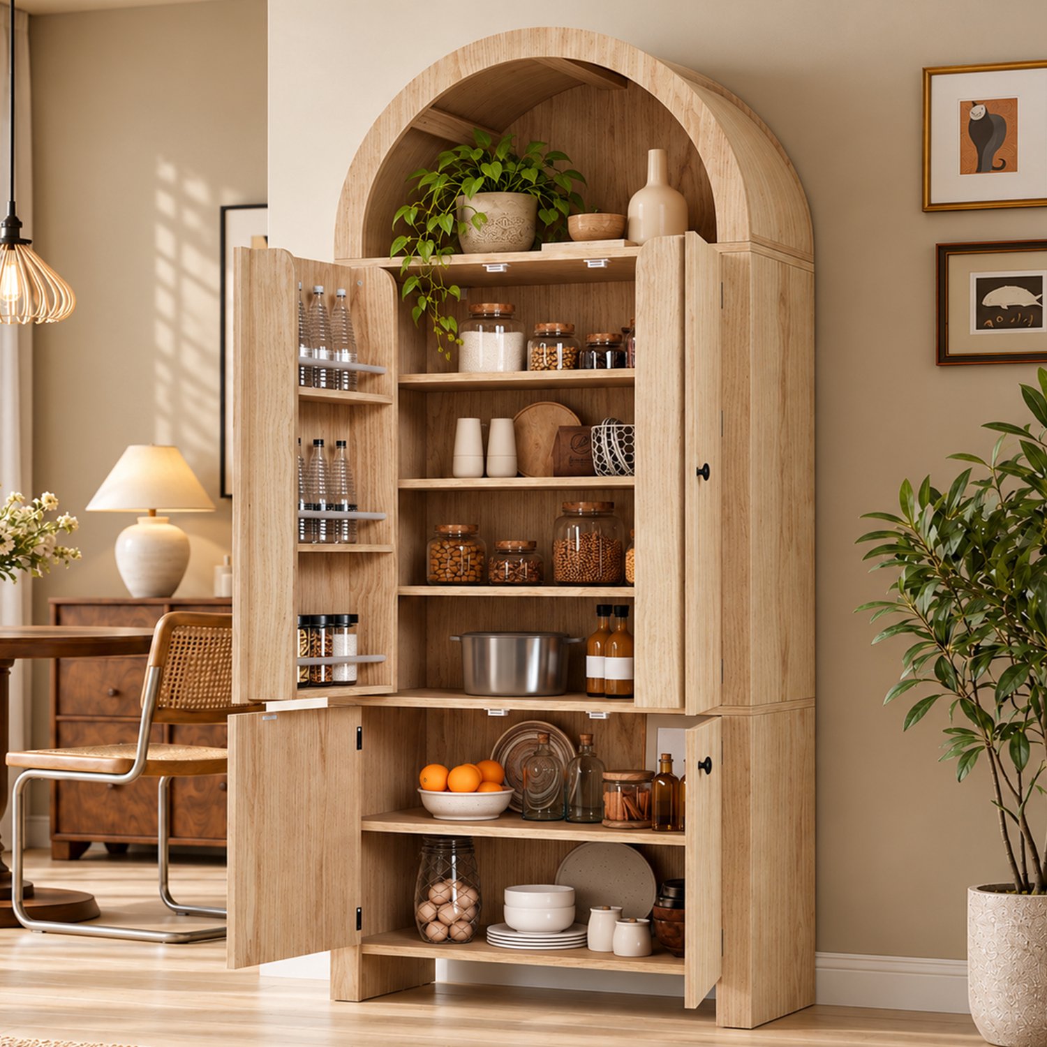 MIVRAY Keukenkast - Hoge Boogvorm Met Lameldeuren - Voor Keuken Eetkamer Of Woonkamer - Spaanplaat - 78x40x180 Cm - Houtkleur