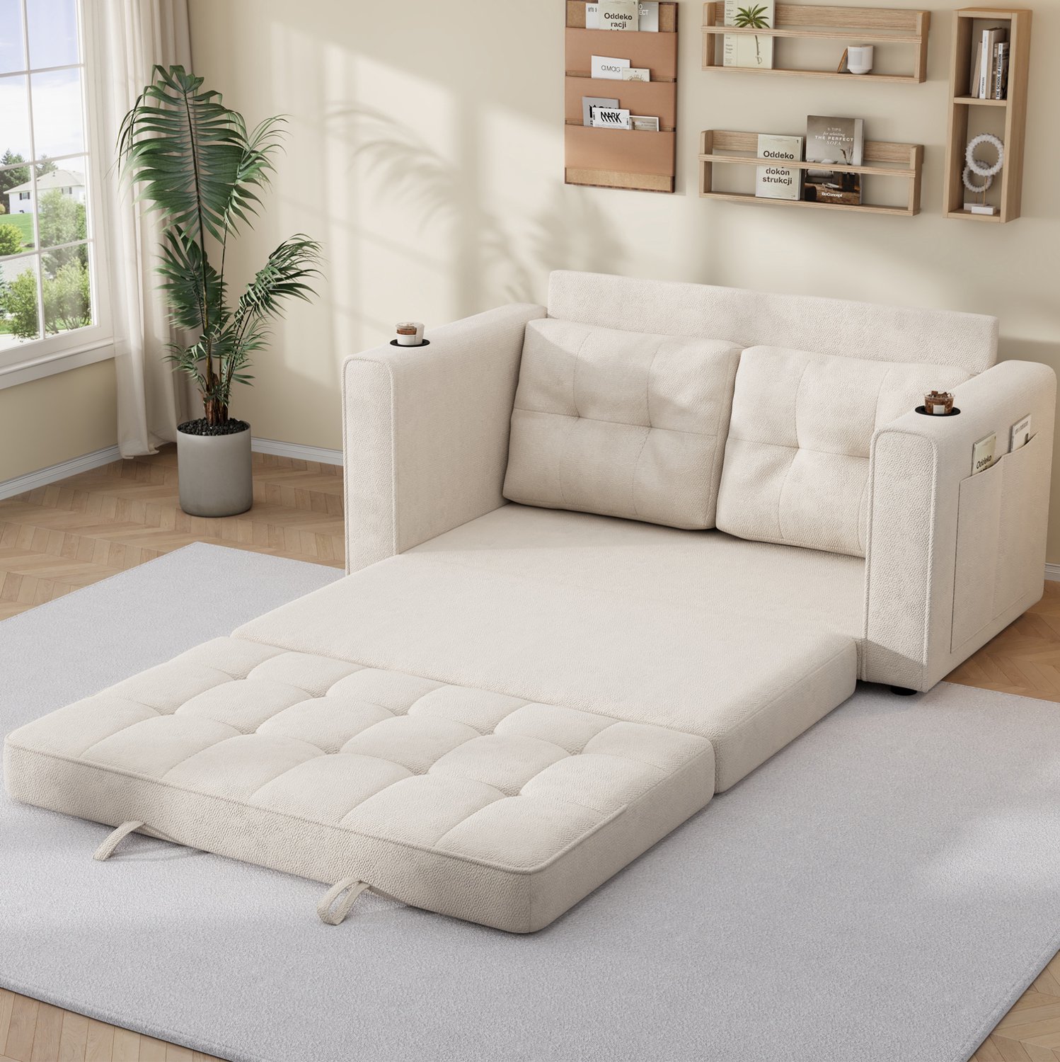 MIVRAY Slaapbank 141 x 79 x 93 cm - Uitschuifbaar met Bekerhouders en Zijvakken - Voor Woonkamer en Logeerkamer - Chenille - Beige